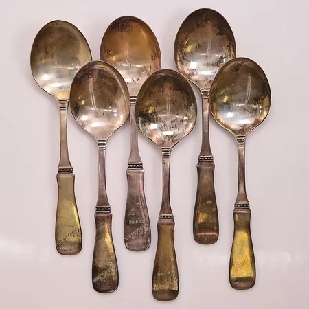 6 Skedar, 15,5cm, gravyr, 830/1000 Silver 193,4g.