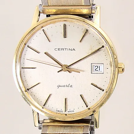 Herrur Certina, Ø35mm, quartz, serienummer: 115 3810.65, länk i stål, boett i guld, behov av batteribyte, länk ca 16cm, stretchig, repig, defekt urtavla, 18K 