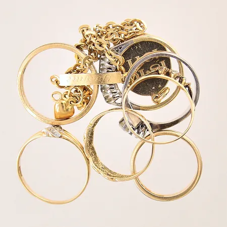 Diverse guldsmycken, gravyr, defekt, diamanter, 18K 23,9g. 