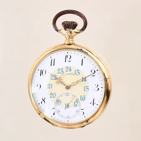 Fickur Zenith Grand Prix Paris 1900, 14K, manuell, boettnr: 116976, liten sekundvisare, grön 24-timmarsvisning, Ø52mm, innerboett i 14K, monogramgravyr, boett med repor, krona med färgsläpp, inga tillbehör, bruttovikt 96,6g