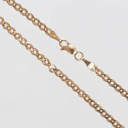 Kedja, längd: 52 mm, bredd: 3 mm, del av länk defekt/av, 14K guld. Vikt: 6,1 g