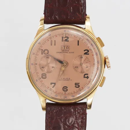 Herrur, Ita Geneve Chronograph, 17 Rubis Antimagnetic, manuell, Ø 36mm, boett i 18K guld, slitage, krona defekt/skev, i behov av service, läderarmband med slitage