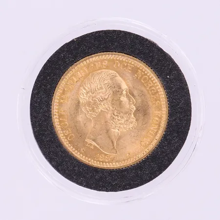 Mynt, Oscar II Sveriges och Norges konung, 20kr, 1887, Ø23mm, 21,6K. Vikt: 9 g
