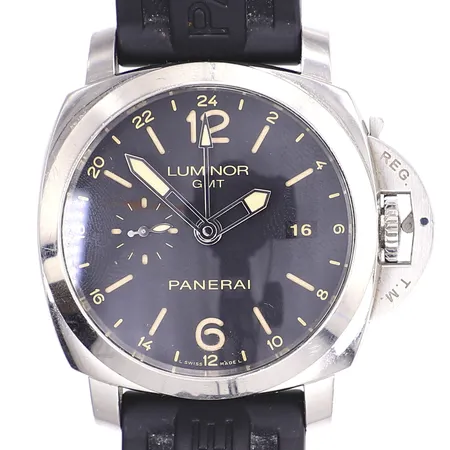 Herrur Panerai Luminor PAM00531, Ø45mm ex. krona, automat, datum, GMT, stålboett, gummiband, brukkslitage, serienummer: BB1725675, box, cert, tag, skruvmejsel och bandhornsverktyg, original läderband defekt, putsduk