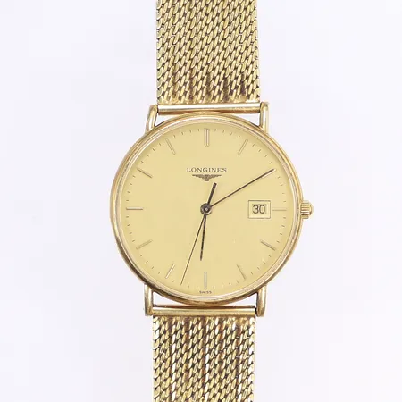 Herrur Longines, Ø33mm, quartz, datum, L46926, serienr 28857734, länk och boett 18K guld, ej funtionstestad, behöver batteribyte, påtagligt bruksslitage på länk och boett, Bruttovikt: 68,1g