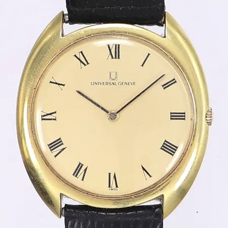 Herrur Universal Geneve, Ø35mm, manuell, cal. 42, ref 4-542111, serienummer 2758182, gulmetall/stål, slitage, läderband och spänne defekt ej original, tickar men ej testad för tidshållning, inga tillbehör