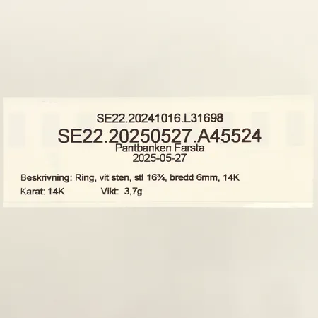 Ring, vit sten, stl 16¾, bredd 6mm, 14K Vikt: 3,7 g