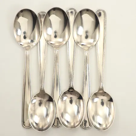 Sex efterrättsskedar, längd 15cm, modell ambassad, GAB, silver Vikt: 222,4 g