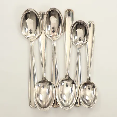 Sex mockaskedar, längd 10,5-12cm, modell ambassad, GAB, silver Vikt: 106,9 g