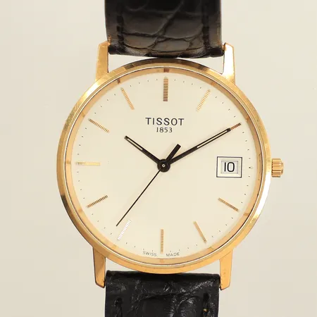 Armbandsur Tissot, 18K Ø33mm, quartz, batteribyte behövs, datum, gravyr, läderarmband, bruttovikt 29,1g