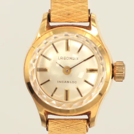 Damur Lagonda Incabloc, Ø18mm, 18K, quartz, manuell, länk guld på stål, längd 17-18,5cm, bruttovikt: 23,7g