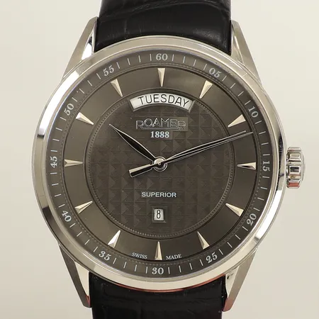 Herrur  Roamer Superiror, Ø42mm, dag, datum, ref: 508293495505, läderband, viklås, garantikort från 2018, box, ytterkartong, 