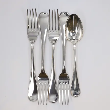 4st Matgafflar samt 1st Matsked modell Svensk Rund längd 16-18cm silver 830/1000 Vikt: 183,1 g