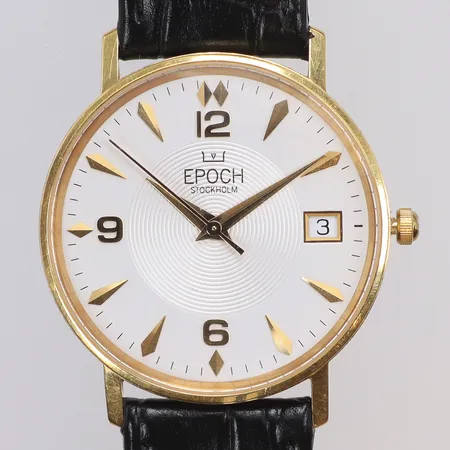 Herrur Epoch 18K Ø33,5mm, quartz, datum, läderband (gott skick) med box, guld i boett, bruttovikt 31,6g