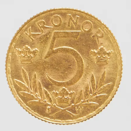 Guldmynt, 5 Kronor - Gustav V Sveriges Konung, Ø16mm, Sverige år 1920, räfflad kant, 21,6K Vikt: 2,2 g