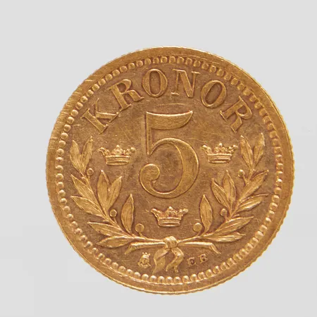 Guldmynt, 5 Kronor - Oscar II Sveriges och Norges Konung, Ø16mm, Sverige år 1901, räfflad kant, 21,6K Vikt: 2,2 g