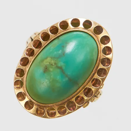 Ring, turkos, stl 17, bredd 2-23mm, Finska stämplar, Kulta-Ranne Oy, Helsingfors, år 1956, något lös sten, 14K, bruttovikt: 5,0g Vikt: 5 g