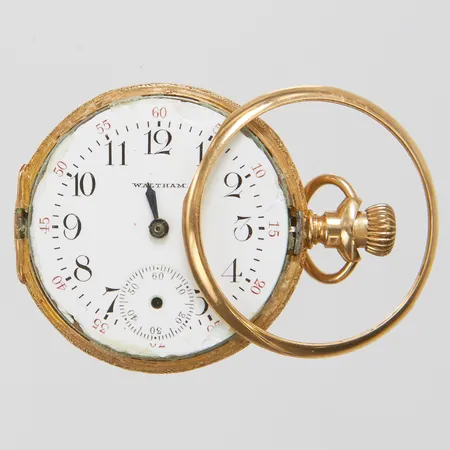 Mormorsur Waltham 14K, Ø 32,5mm, defekt, saknar glas, saknar visare, bruttovikt: 28,7g