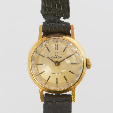 Damur Omega Genéve 18K, Ø 19mm, manuell, gravyr, läderband defekt, bruttovikt: 13,5g
