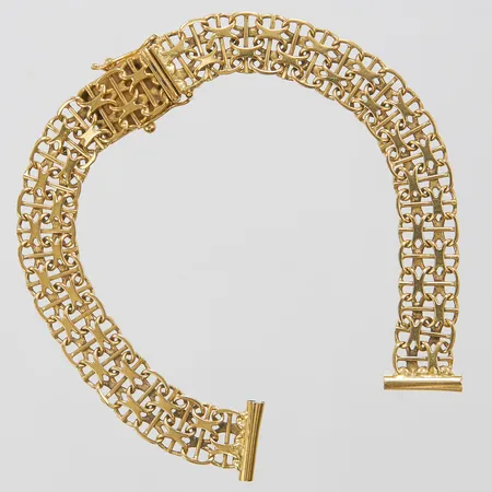 Klocklänk X-länk med stav, längd ca 17cm, bredd 9mm, kistlås, slitage, 18K Vikt: 14,3 g