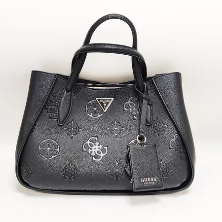 Väska, Guess, Black Logo Keandra Girlfriend Satchel Bag, svart skinnimitation, 34x24x9cm, bruksskick, insida med fläckar, dustbag (fläckig), prislapp, kvitto 2024-08-07.