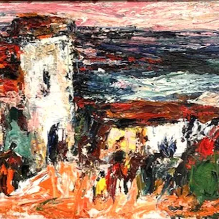 Tavla, olja på duk, Ragnar Johansson (1913-1997), från Giglio Italien, monogramsignerad RJ, mått ca 33,5x65,5cm, skador på träram Specialfrakt, kontakta pantbankskontoret för mer information.