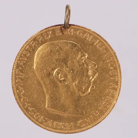 Hänge, myntliknande föremål, 100 Corona - Frans Josef I av Österrike, präglat år 1915, Ø37mm, ögla i oädel metall, guldkomposition 900/1000 (21,6K), bruttovikt: 34,0g Vikt: 34 g