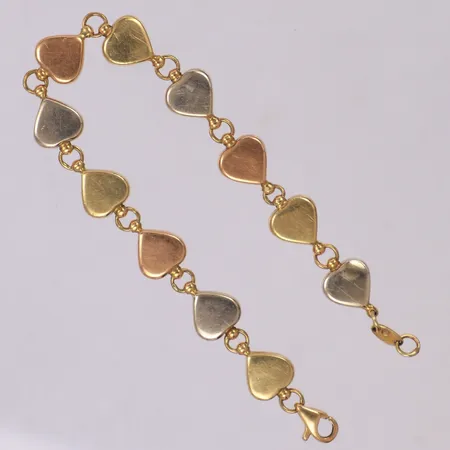 Armband med hjärtan, längd 17,5, bredd 4,5-9,4mm, vit/gul/roséguld, Bucklor, repor 18K Vikt: 11,5 g