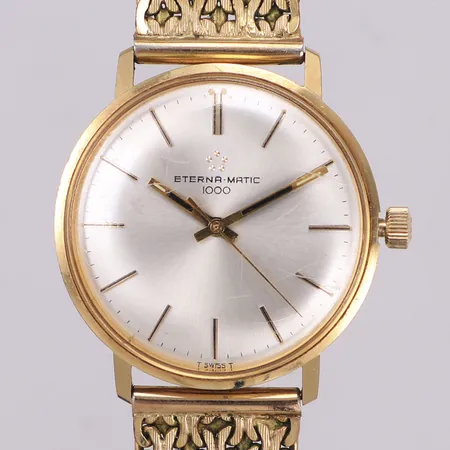 Herrur Eterna Matic 14K, 34,5mm, automatisk, boettnr: 6170879, skadad packring, servicebehov, repigt glas, klockarmband i oädel metall, inga tillbehör, bruttovikt: 56,2g Vikt: 56,2 g