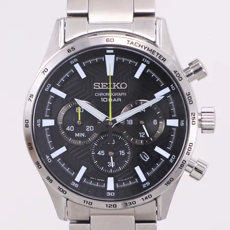 Herrur Seiko Chronograph, stål, 43mm, quartz, ref: 8T63-00Y0, snr: 270775, kronograf, datum, stållänk, manual, box, ytterkartong, kvitto från Huddinge Guldsmedja AB 2024.