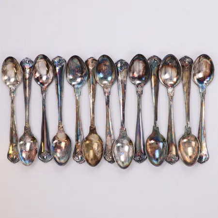 13 Kaffeskedar, längd 12cm, modell Sachsisk,  Mema, missfärgade, 830/1000 silver Vikt: 205,6 g