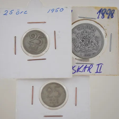 Silvermynt 1kr Oskar II år 1898 80% silver + 25öre 1948/1950 Vikt: 0 g