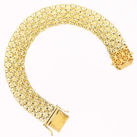 Armband, X-länk med stav, 19cm, bredd 15mm, defekt vid lås, 18K.  Vikt: 20 g