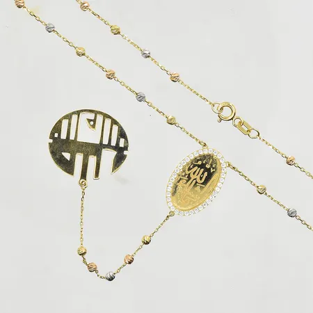 Collier med flerfärgade kulor samt integrerat hänge med vita stenar, längd 46 cm, länkens bredd 1 mm, hänge längd 9½ cm, gulguld/vitguld/rödguld, 18K. Vikt: 5,9 g
