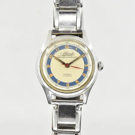 Herrur Atlantic Världsmästarur, boett Ø36 mm, manuell, stål, flexband, 17 jewels, boettnr 55461, fungerade vid testtillfället, repigt plexiglas, inga tillbehör.