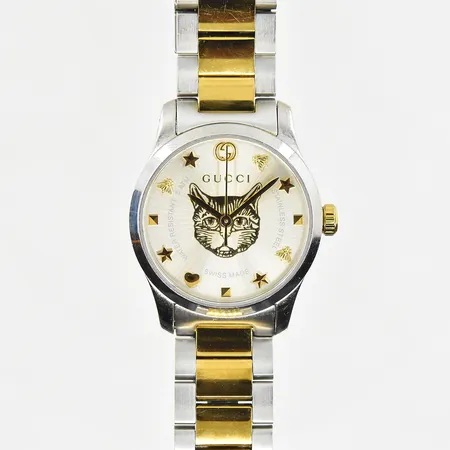 Damur Gucci G-timeless, boett Ø26 mm, quartz, stål/doublé, repig, safirglas, refnr YA126596, boettnr 18000618, bruksslitage, behov av batteribyte, inga tillbehör. Vikt: 0 g