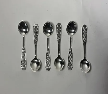 6 Mockaskedar, längd 10½ cm, modell Princess, Cesons, U9/1970-tal, silver. Vikt: 56,4 g