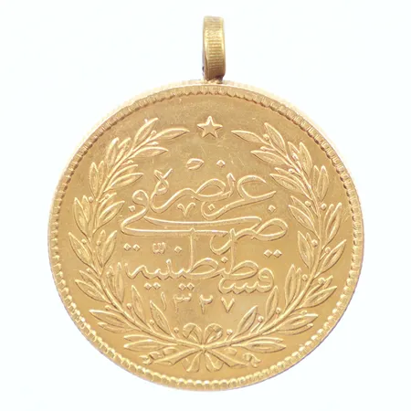 Mynthänge, Ø34,7mm, Turkiet 500 kurush, nettovikt 33,07g, 22K, ögla i gulmetall