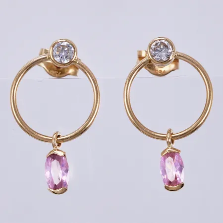 Ett par örhängen med vita & rosa stenar, längd ca 18mm, bredd ca 10mm, 18K Vikt: 1 g