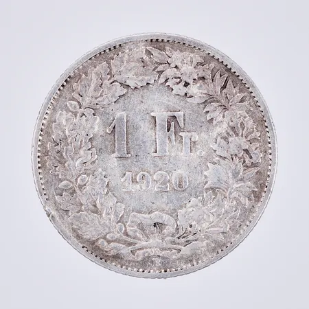 Ett mynt, 1 Fr. 1920, Helvetia, 835/1000 silver Bruttovikt 4,9g 