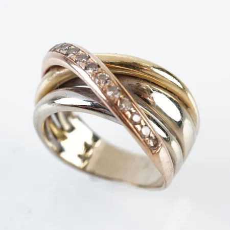 Ring m diamanter, 13 st x 0,03ct cofeefärgade, röd/vit/rosé, stl 18½(57), bredd 12mm, 18k Vikt: 10,2 g