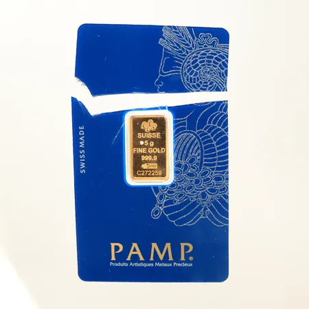 Guldtacka Pamp, bruten förpackning, borrhål, 999,9/1000 Vikt: 5 g