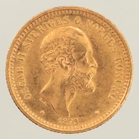 Mynt 10 Kronor - Oscar II, 1873, 18mm, 21,6K  Vikt: 4,4 g