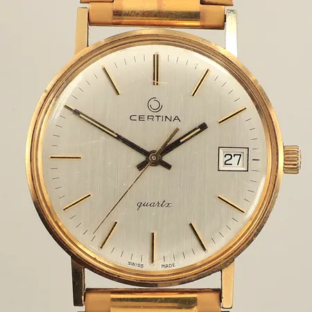 Herrur Certina 14K, quartz, 33,5mm, boettnr 738.3810.65, datum, repigt plexiglas och boett, stållänk ej original, går ej, defekt, bruttovikt 61,6g, inga tillbehör. 