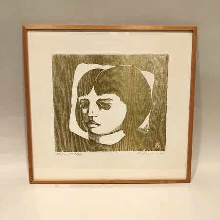 Tavla  flickansikte, träsnitt, Thore Andersson, bildmått 43x46cm, signerad samt daterad -78, ramad, ej examinerad ur ram, slitage på ram, baksidan något lös Skickas med postpaket.