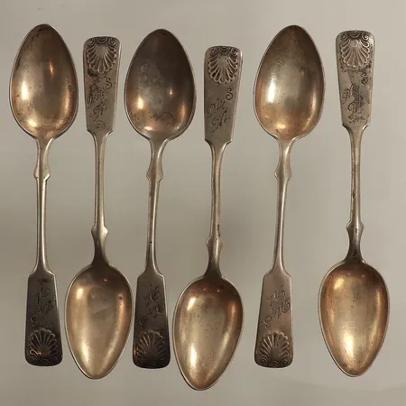 Sex kaffeskedar, längd 12cm, gravyr, Finska stämplar, 813/1000 silver Vikt: 80 g