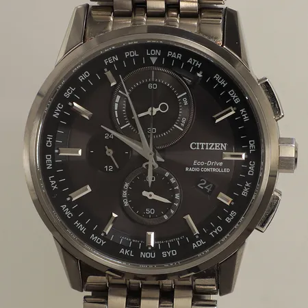 Herrur Citizen Eco-Drive Radio Controlled, refnr:GN-4W-S-12G, H804-S0993, snr:052030914 , Ø43mm, kronograf, datum, stål, stållänk, innermått: inklusive ur ca 18cm, viklås 2 extra länkar, (bruksskick, repig), inga tillbehör, kvitto från Ur & Penn år 2023