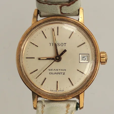 Damur Tissot, seastar, quartz, datum, Ø22mm, boett i 18K, läderband, går ej, batteribyte krävs, slitet band, inga tillbehör, bruttovikt: 13,7g. 