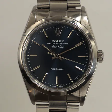 Armbandsur, Rolex, Air-King, Oyster Perpetual, Ø35mm, automat, stål, referensnummer: 14000, serienummer U8---72, verknummer: 1484362, caliber: 3000, oysterlänk stål, viklås, repig, serienummer bortskavt delvis, servicegaranti 2014, värderingsintyg Jälmers ur 2020, box