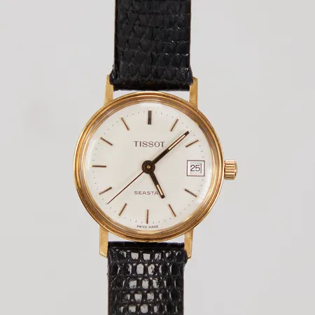 Damur, Tissot Seastar, Ø ca 22mm, datum, quartsur, står stilla, läderband, 18K. Bruttovikt: 13,8g